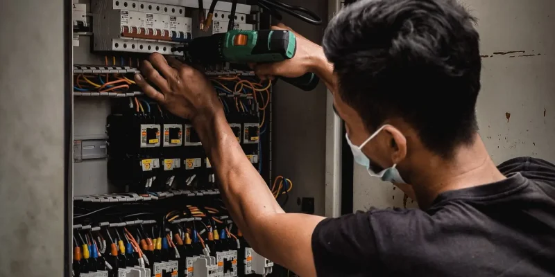 Technician working on circuit breaker panel, adjusting electrical wires indoors.
